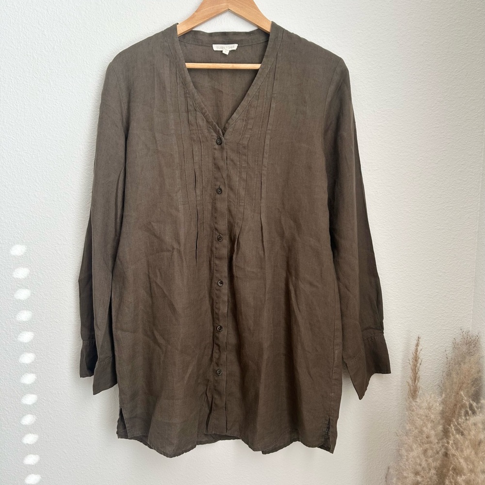 Eileen Fisher Button Down Irish Linen Green Tunic Long Sleeve Small